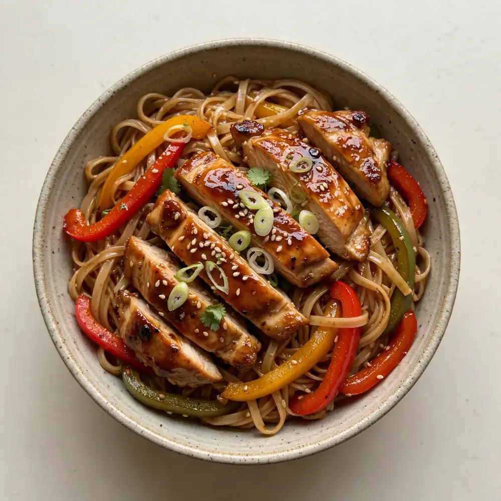 Teriyaki Hähnchen mit Reisnudeln und Paprika