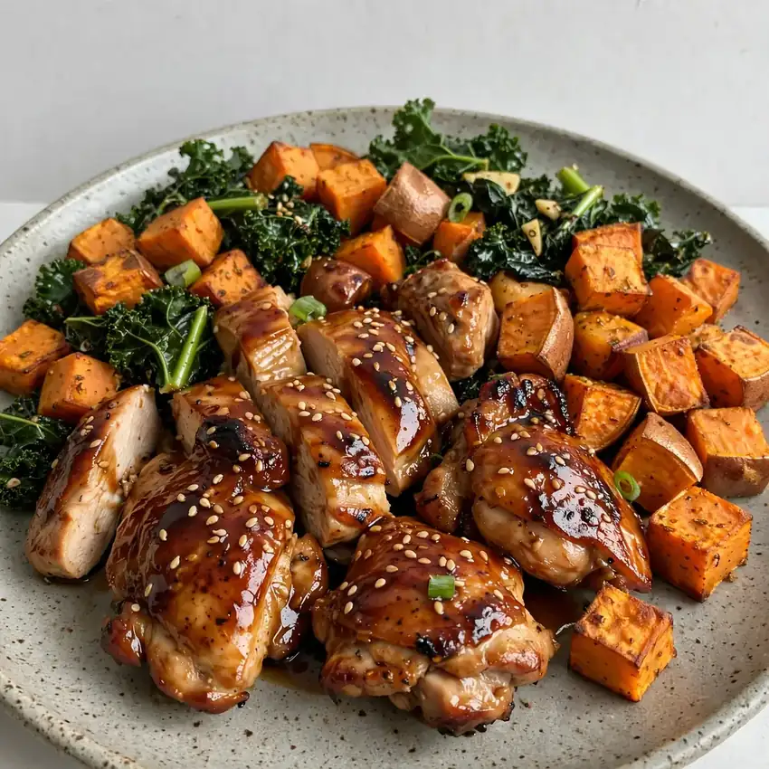 Teriyaki Hähnchen mit Süßkartoffelwürfeln und Grünkohl
