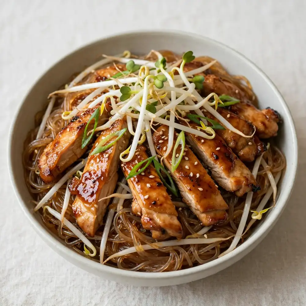 Teriyaki Hähnchen mit Sprossen und Glasnudeln