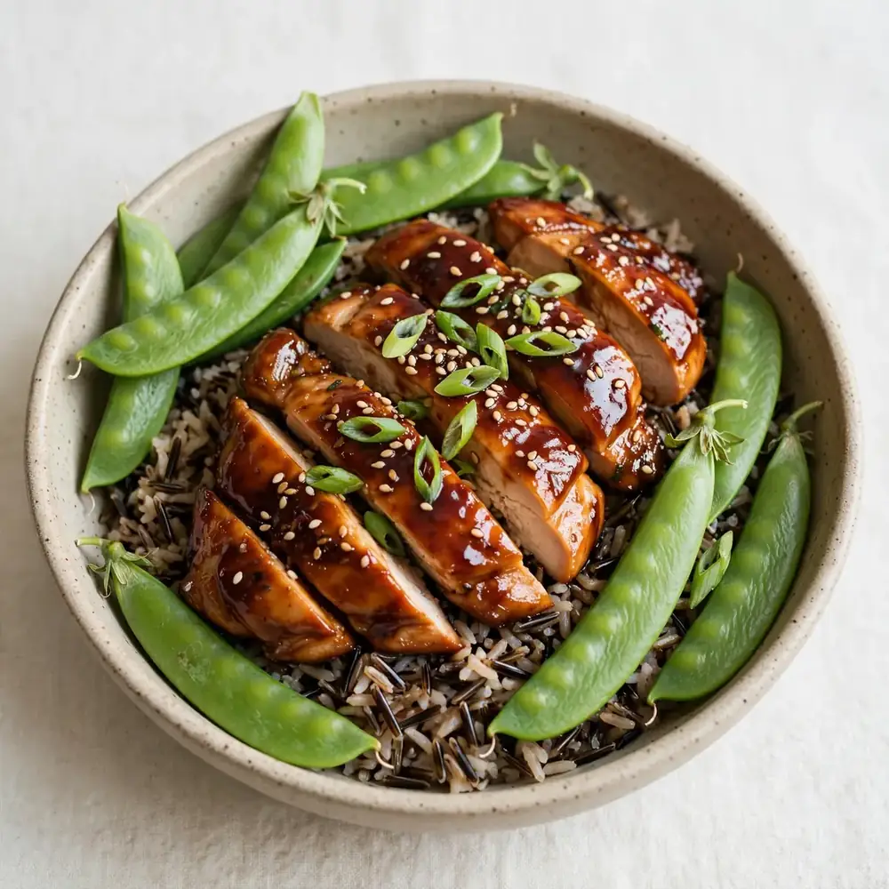 Teriyaki Hähnchen mit Wildreis und Zuckerschoten
