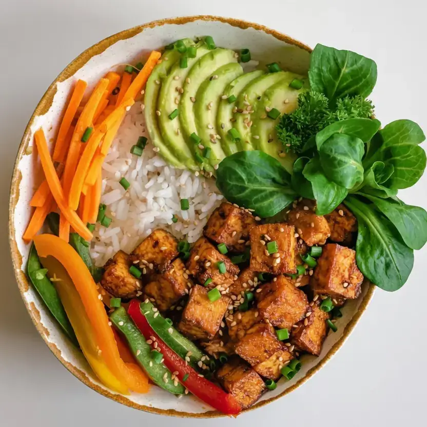 Tofu-Gemüse-Bowl mit Reis und Avocado