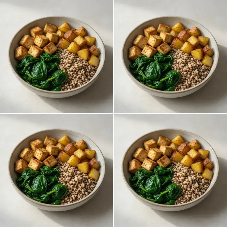 Tofu-Spinat-Bowl mit Quinoa und Röstkartoffeln