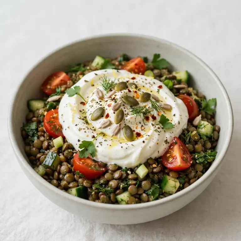 Vegetarische High-Protein Schüssel mit griechischem Joghurt & Linsen