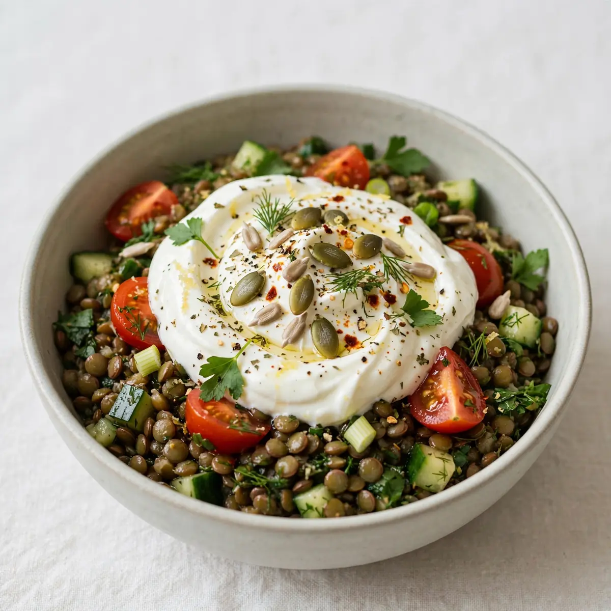 Vegetarische High-Protein Schüssel mit griechischem Joghurt & Linsen