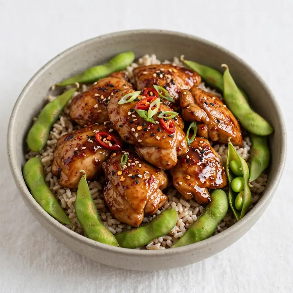 Würziges Teriyaki Hähnchen mit Edamame und braunem Reis